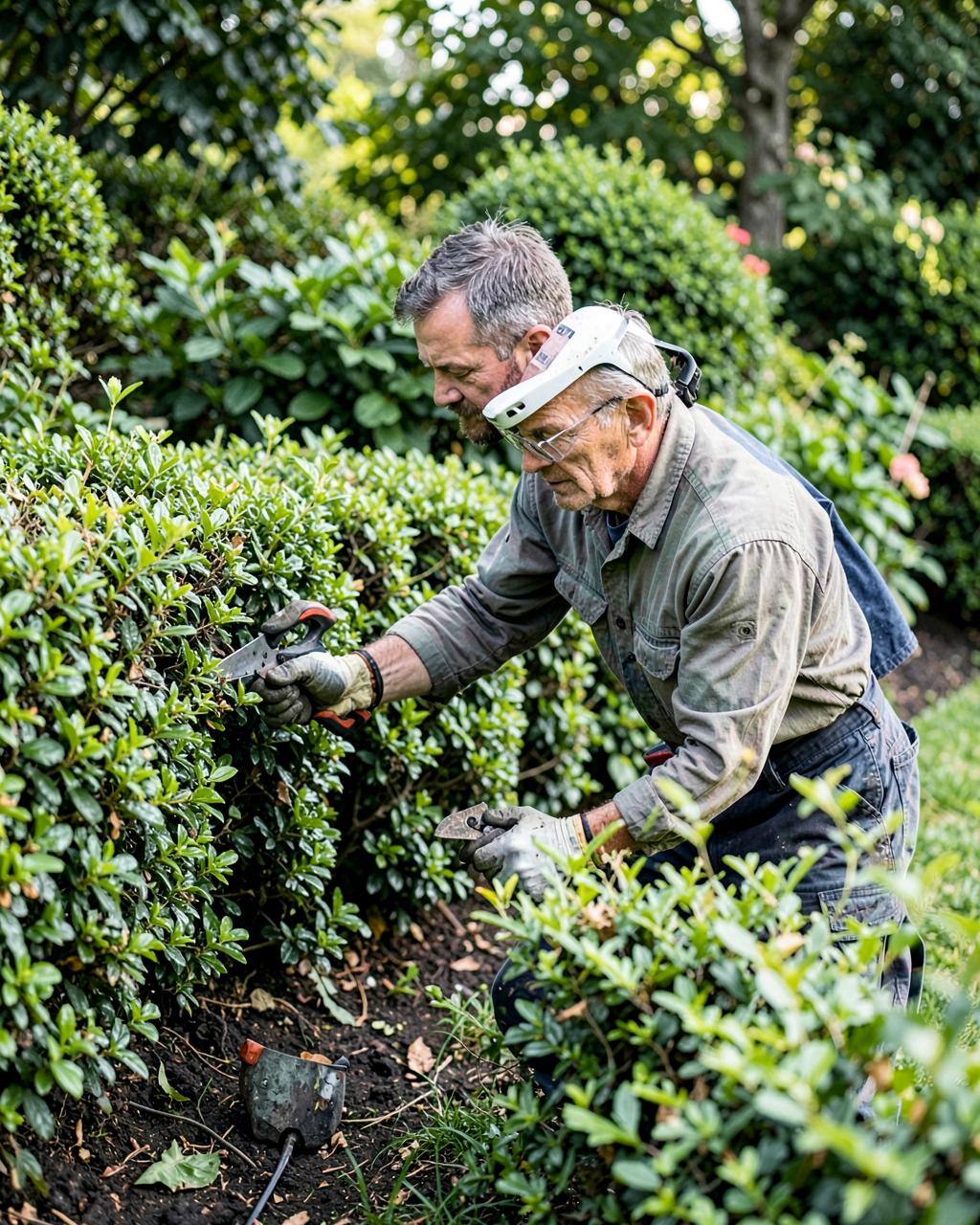 A landscaper carefully trimming a hedge
