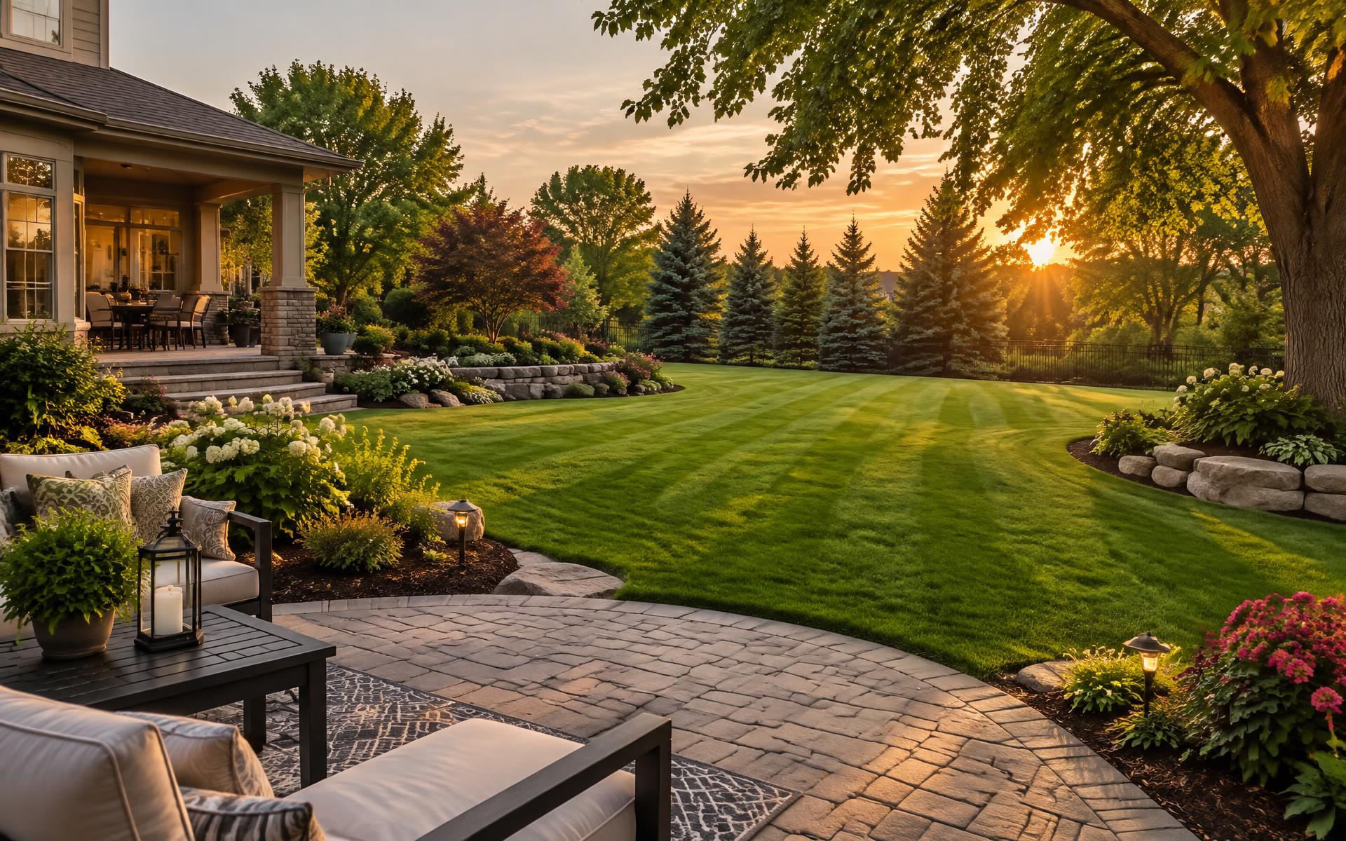 Manicured backyard lawn with a stone patio at golden hour