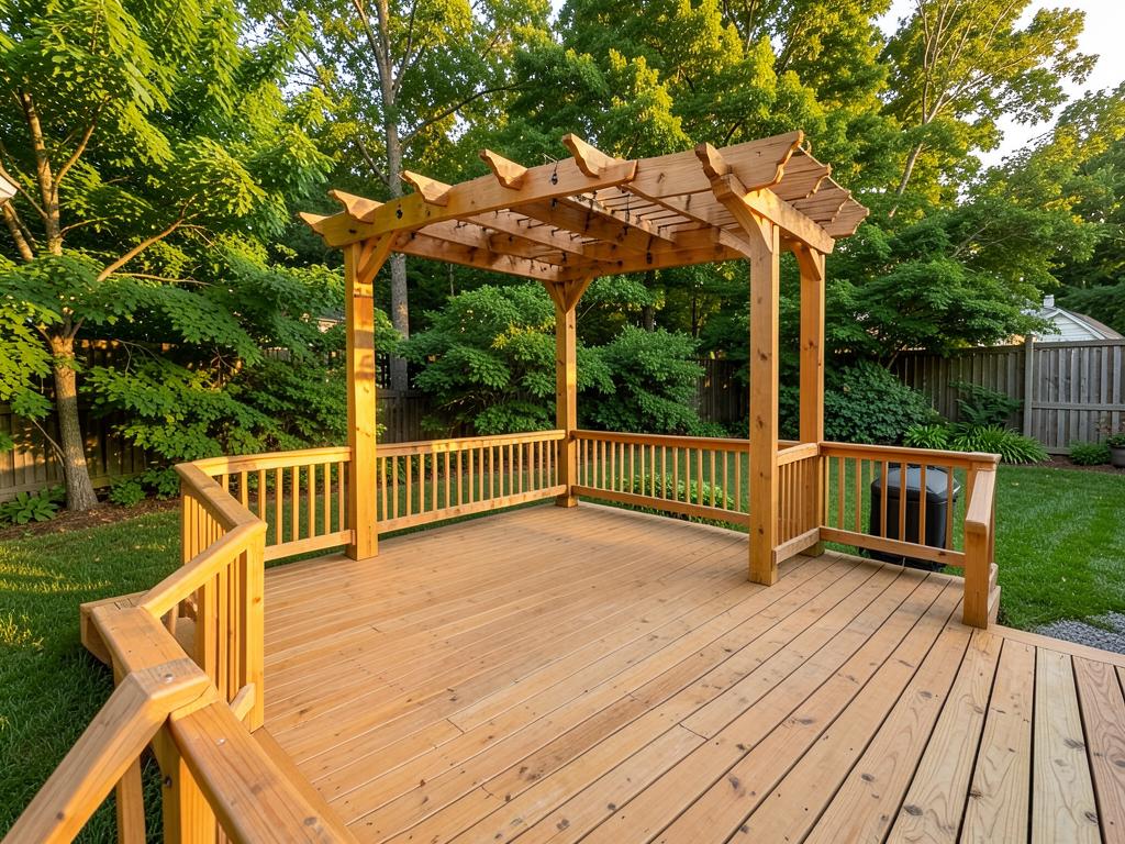Cedar deck with pergola in a backyard