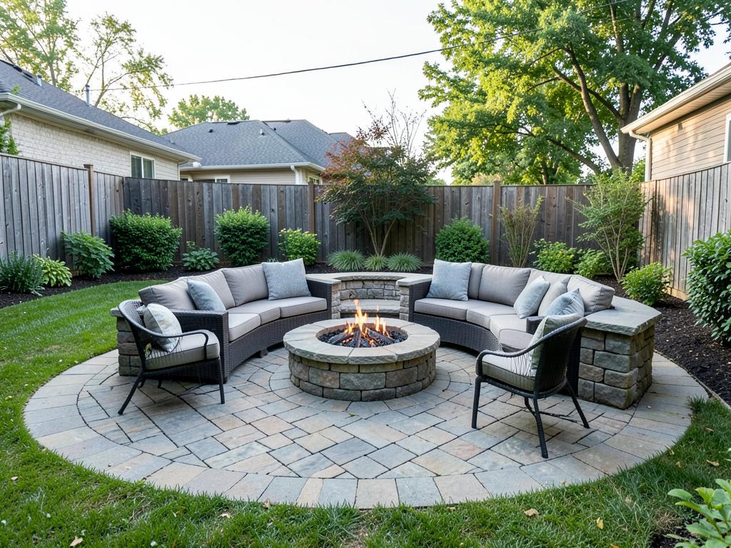 Circular stone patio with a fire pit and built-in seating
