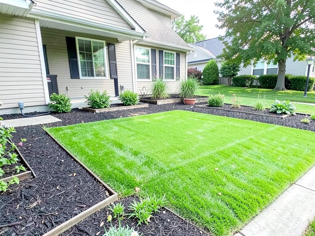 Freshly laid sod lawn with mulched garden beds