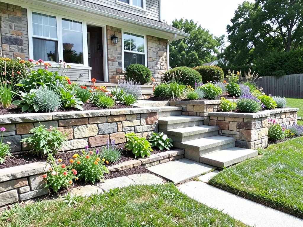 Stone retaining wall with terraced flower beds and steps